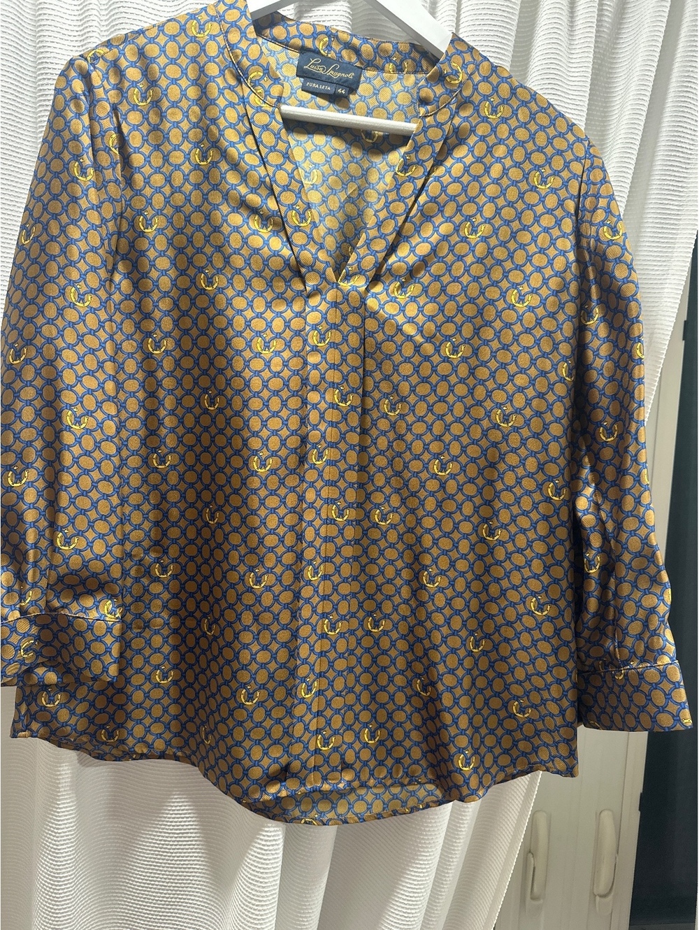 Luisa Spagnoli Silk Blouse in Blue and Brown Geometric Print, Size 44